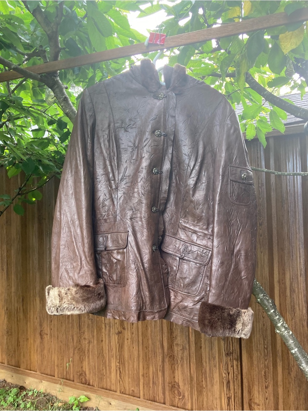 Women’s Brown Faux-Leather Winter Coat with Faux-Fur Trim